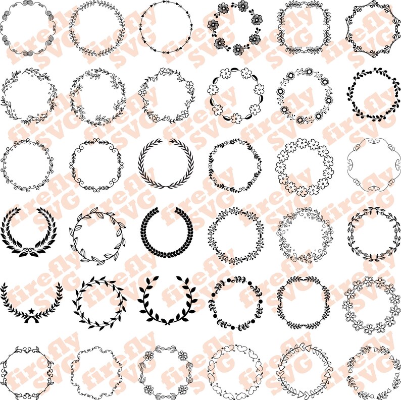 May include: A set of 40 black and white circular frames with various floral and leaf designs. The frames are perfect for adding a touch of elegance to any project.
