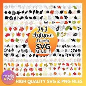 May include: A digital SVG bundle featuring 242 autumn leaves in various styles and colors, including red, orange, yellow, black, and white. The design includes the text "242 Autumn Leaves SVG Bundle" and "High Quality SVG & PNG Files".