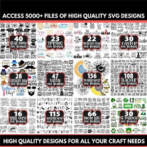May include: A collage of images showcasing various SVG design bundles for crafting. The bundles include themes like bear family, spring, Mother's Day, Easter, Father's Day, sassy, sunflower, teacher, Bible verse, wildflower, mom life, and St. Patrick's Day. Each bundle features a number indicating the quantity of designs included.