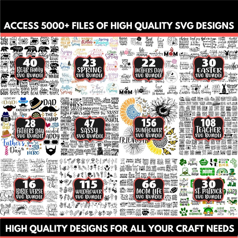 May include: A collage of images showcasing various SVG design bundles for crafting. The bundles include themes like bear family, spring, Mother's Day, Easter, Father's Day, sassy, sunflower, teacher, Bible verse, wildflower, mom life, and St. Patrick's Day. Each bundle features a number indicating the quantity of designs included.