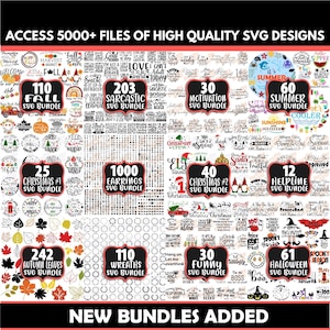 May include: A collage of colorful images showcasing various SVG design bundles for different themes, including fall, Christmas, summer, and Halloween. The image includes text indicating the number of designs in each bundle, such as "110 Fall SVG Bundle" and "60 Summer SVG Bundle".