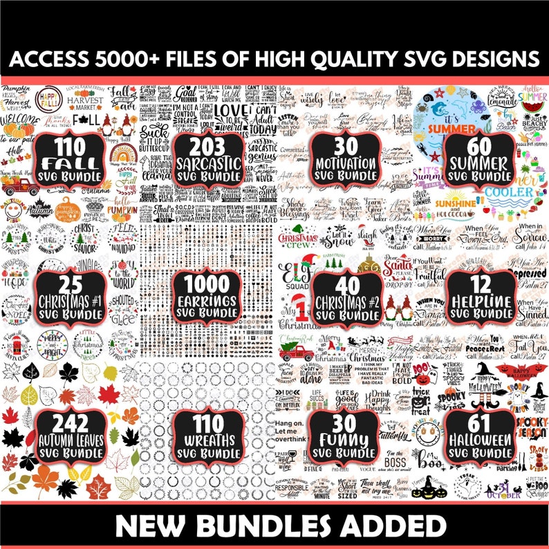May include: A collage of colorful images showcasing various SVG design bundles for different themes, including fall, Christmas, summer, and Halloween. The image includes text indicating the number of designs in each bundle, such as "110 Fall SVG Bundle" and "60 Summer SVG Bundle".