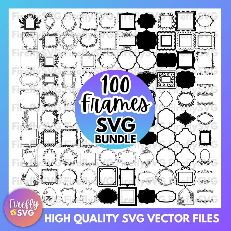 Op de afbeelding: Een set van 100 zwart-witte frame SVG-bestanden. De frames zijn in verschillende vormen en maten, waaronder cirkels, vierkanten, rechthoeken en ovalen. De frames zijn perfect om een ​​toets van elegantie aan uw ontwerpen toe te voegen.