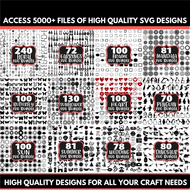 May include: A collage of black and white SVG designs for crafting. The designs include floral, earrings, frames, mandalas, butterflies, sunflowers, hearts, penguins, suns, summer, wedding, and dinosaurs. Each design is labeled with the number of SVG files in the bundle.