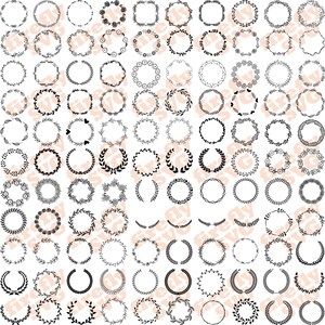 May include: A collection of 100 black and white wreath illustrations. The wreaths are made of various floral and leaf designs. The wreaths are all circular and have a white background.