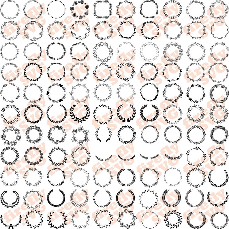 May include: A collection of 100 black and white wreath illustrations. The wreaths are made of various floral and leaf designs. The wreaths are all circular and have a white background.
