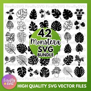 K&ouml;nnte beinhalten: Ein digitaler Download von 42 schwarzen und wei&szlig;en Monstera-Blatt-SVG-Dateien. Der Text "42 Monstera SVG Bundle" befindet sich in einem gr&uuml;nen Kreis.