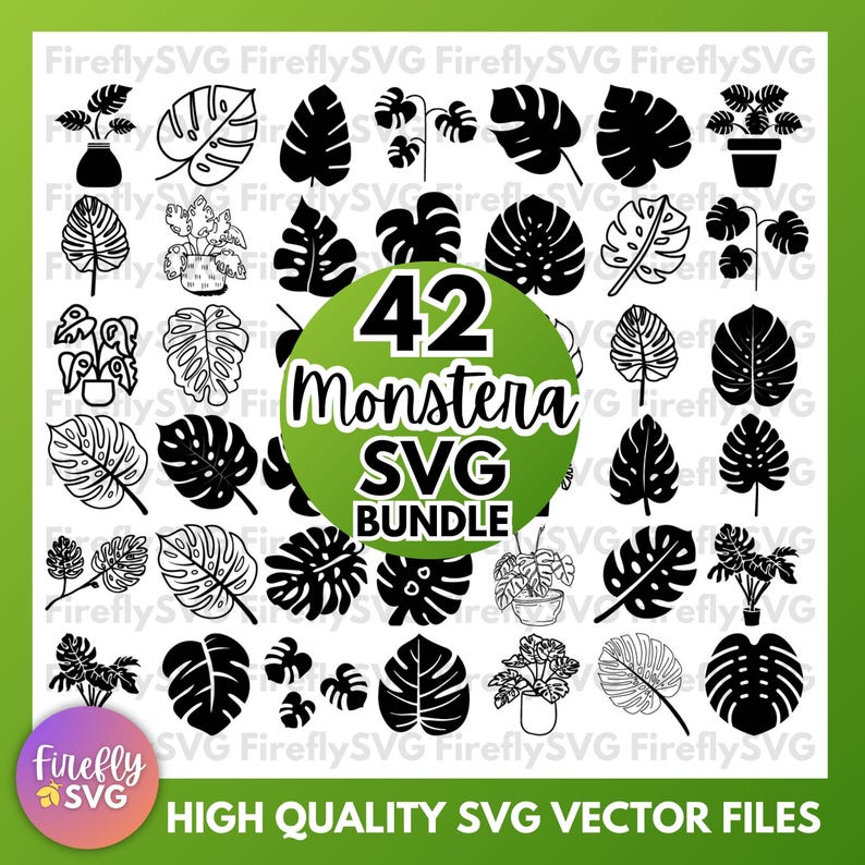 K&ouml;nnte beinhalten: Ein digitaler Download von 42 schwarzen und wei&szlig;en Monstera-Blatt-SVG-Dateien. Der Text "42 Monstera SVG Bundle" befindet sich in einem gr&uuml;nen Kreis.