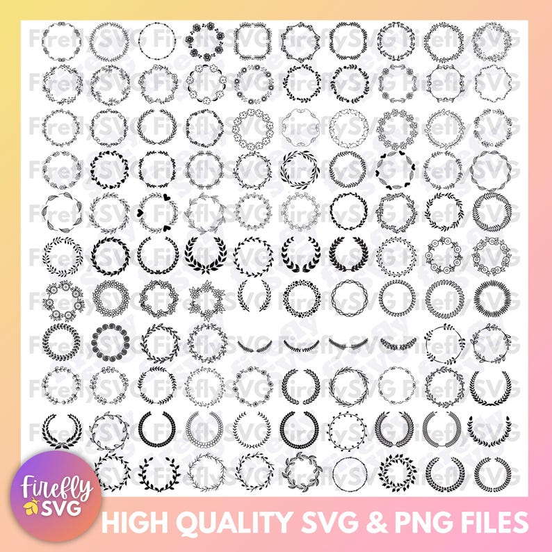 May include: A set of 100 black and white wreath SVG and PNG files. The wreaths are various styles, including floral, laurel, and simple circles.