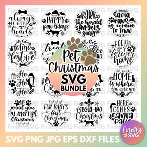 May include: A set of 12 black and white SVG cut files featuring pet-themed Christmas designs. The designs include phrases like "Bark the Herald Angels Sing", "Santa Paws is Coming to Town", "Feline Festive", "Treats for My Cat", "Ho Ho Ho", "We Woof You a Merry Christmas", "Fur Baby's First Christmas", "Meow-ry Christmas", "Here Comes Santa Paws", and "Home is Where the Cats Are".