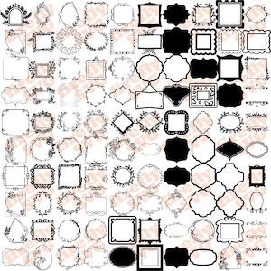 Op de afbeelding: Een verzameling van 100 zwart-witte frame-illustraties. De frames zijn in verschillende vormen en maten, waaronder cirkels, vierkanten, rechthoeken en ovalen. Sommige frames hebben decoratieve elementen, zoals bloemen, bladeren en krullen.