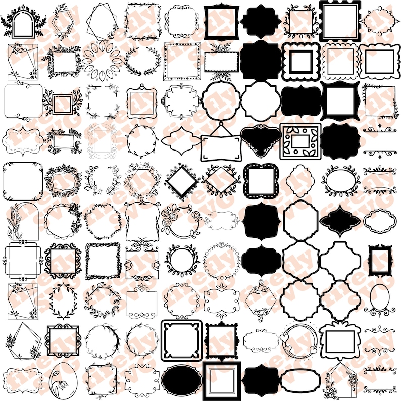 Op de afbeelding: Een verzameling van 100 zwart-witte frame-illustraties. De frames zijn in verschillende vormen en maten, waaronder cirkels, vierkanten, rechthoeken en ovalen. Sommige frames hebben decoratieve elementen, zoals bloemen, bladeren en krullen.