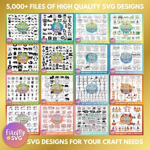 May include: A collage of 12 images showcasing various SVG design bundles. Each image features a different theme, such as dinosaurs, camping, anchors, and Christmas. The images are black and white and include text indicating the number of designs in each bundle.
