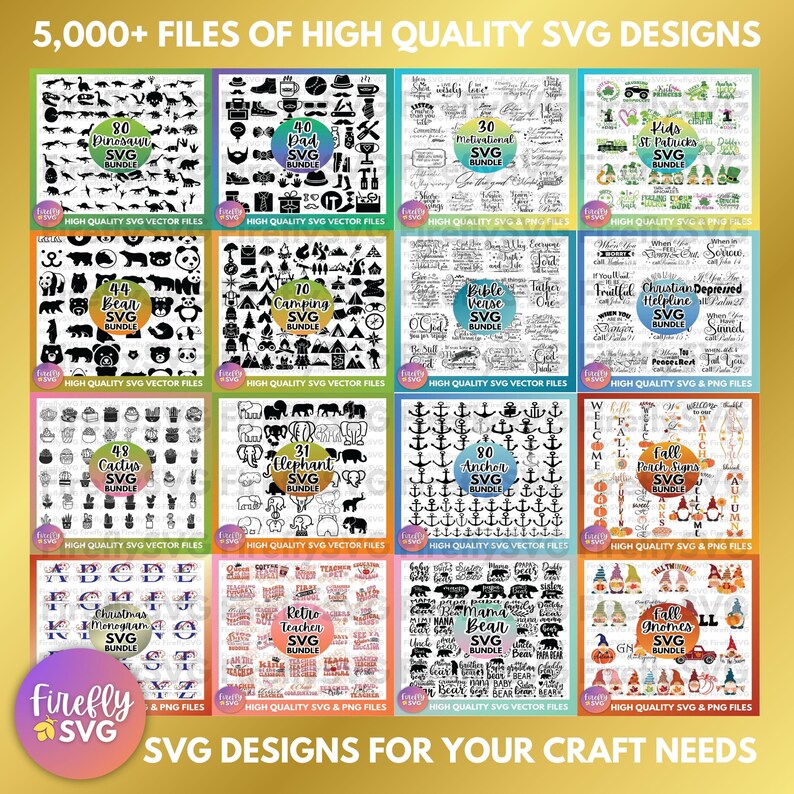 May include: A collage of 12 images showcasing various SVG design bundles. Each image features a different theme, such as dinosaurs, camping, anchors, and Christmas. The images are black and white and include text indicating the number of designs in each bundle.
