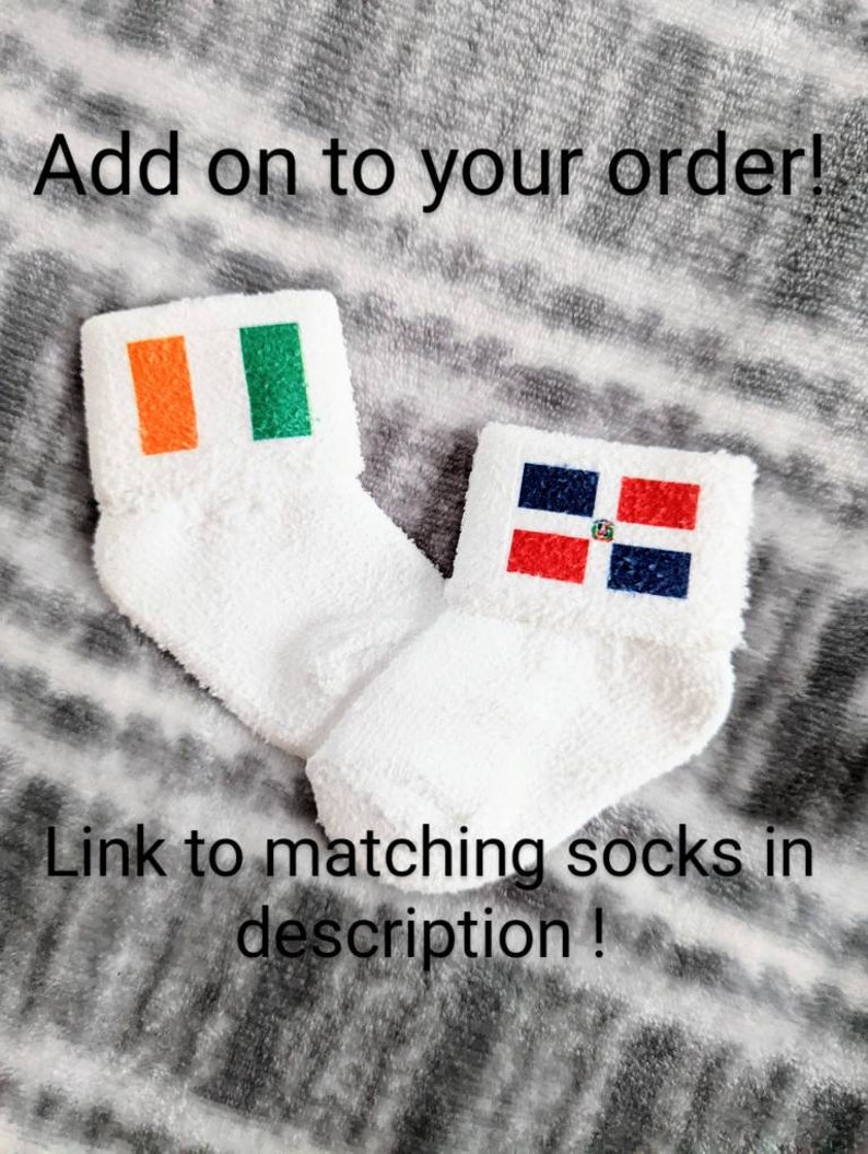 May include: Two pairs of white fuzzy socks with flags on them. The first pair has the flag of Ireland, and the second pair has the flag of the Dominican Republic. The text "Add on to your order!" is at the top of the image, and the text "Link to matching socks in description!" is at the bottom of the image.
