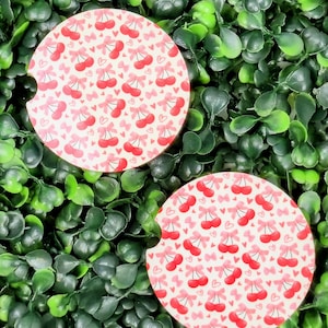 Cherries with Bows Car Coasters – MDF with Cork Backing (Set of 2)