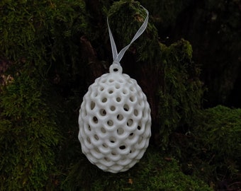 Hanging Egg Ornament. Handmade Porcelain Ornament.