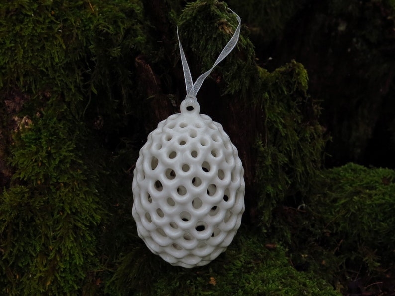Hanging Egg Ornament. Handmade Porcelain Ornament. image 1