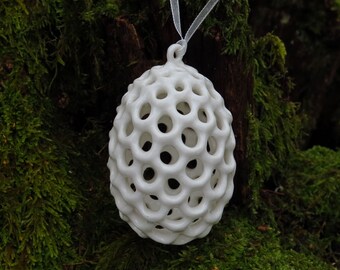 Hanging Egg Ornament. Handmade Porcelain Ornament.