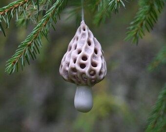 Handmade Porcelain Morel Mushroom Ornament.
