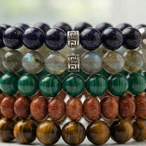 Natural Gemstone Bracelet: Malachite, Tiger's Eye, Sunstone, Goldstone, Labradorite