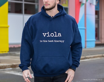 May include: A navy blue hoodie with a white print that says "viola is the best therapy".