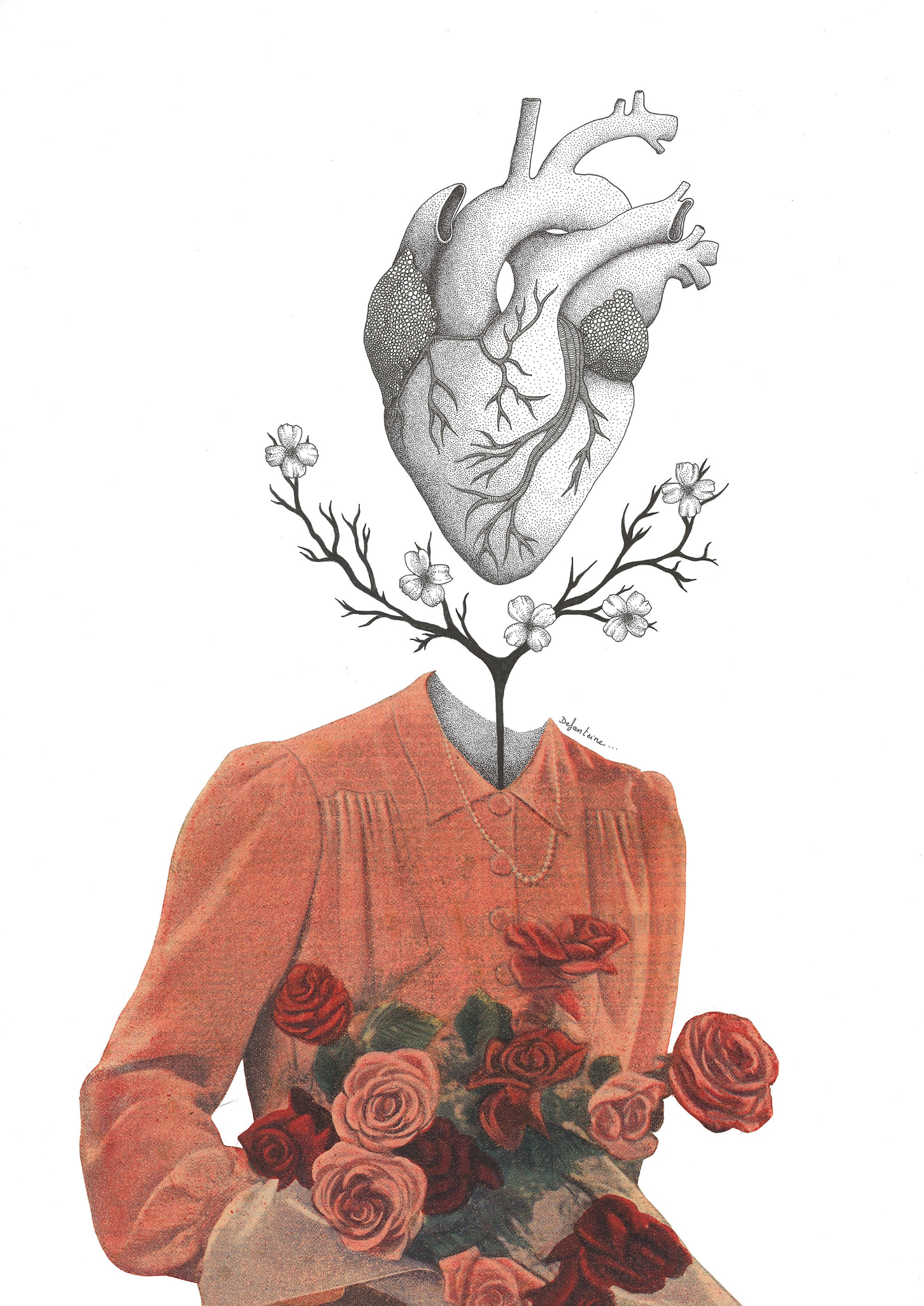Illustration Cœur, Anatomique, Mixed Media, Collage, Vintage, Dotart
