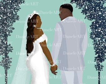 May include: A black couple in wedding attire stand under a white floral archway. The bride is wearing a white gown with a veil and the groom is wearing a light gray suit. The background is a light blue color.