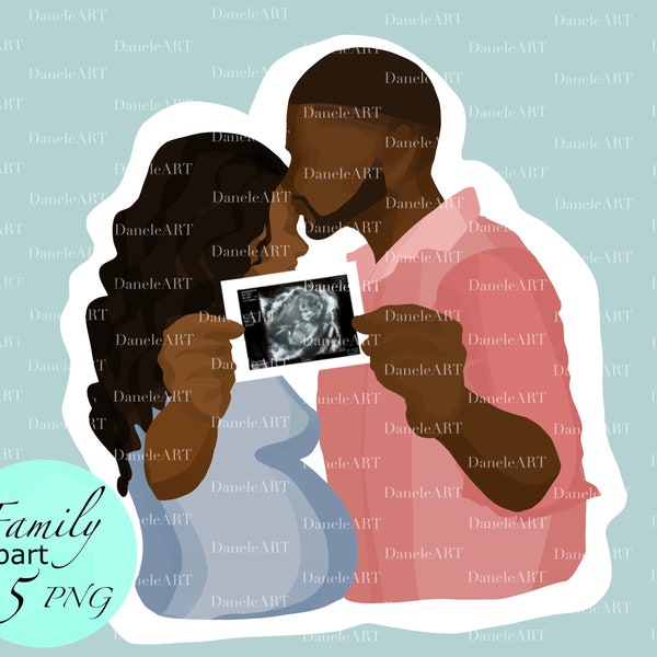 Afro Black couple, family clipart, afro family, pregnant illustration, x-ray clipart, family time, baby clipart, personalized gift