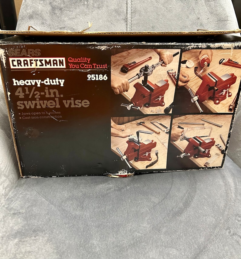 May include: A red Sears Craftsman heavy-duty 4 1/2-inch swivel vise with cast-iron construction. The vise is shown in use in multiple applications, including holding a pipe wrench and a hammer.