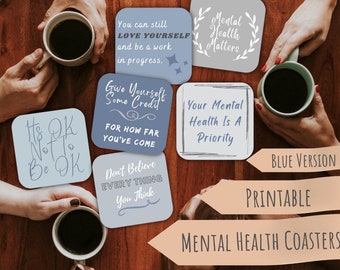 Printable Coasters Set of 6, Blue Coasters, Mental Health Coasters, Therapy Office Decor, Therapy Office Prints, Counselor Office Decor
