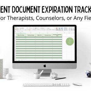 May include: A computer screen displaying a spreadsheet with the title "CLIENT DOCUMENT EXPIRATION TRACKER" and the subtitle "For Therapists, Counselors, or Any Field". The spreadsheet has columns for client first name, client last name, client ID, document type, and document expiration date.