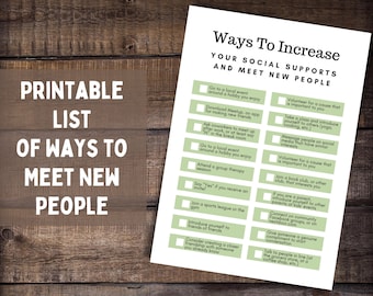 Op de afbeelding: Een afdrukbare checklist met groene vinkjes en een witte achtergrond. De checklist heeft de titel "Ways To Increase Your Social Supports And Meet New People". De checklist bevat suggesties voor het ontmoeten van nieuwe mensen, zoals het bijwonen van lokale evenementen, lid worden van een boekenclub of vrijwilligerswerk doen voor een goed doel.