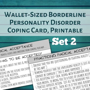 Afdrukbare borderline persoonlijkheidsstoornis coping-kaart, set 2, DBT-vaardigheden, portemonnee-formaat, therapeut zelfhulp afdrukbaar, radicale acceptatie