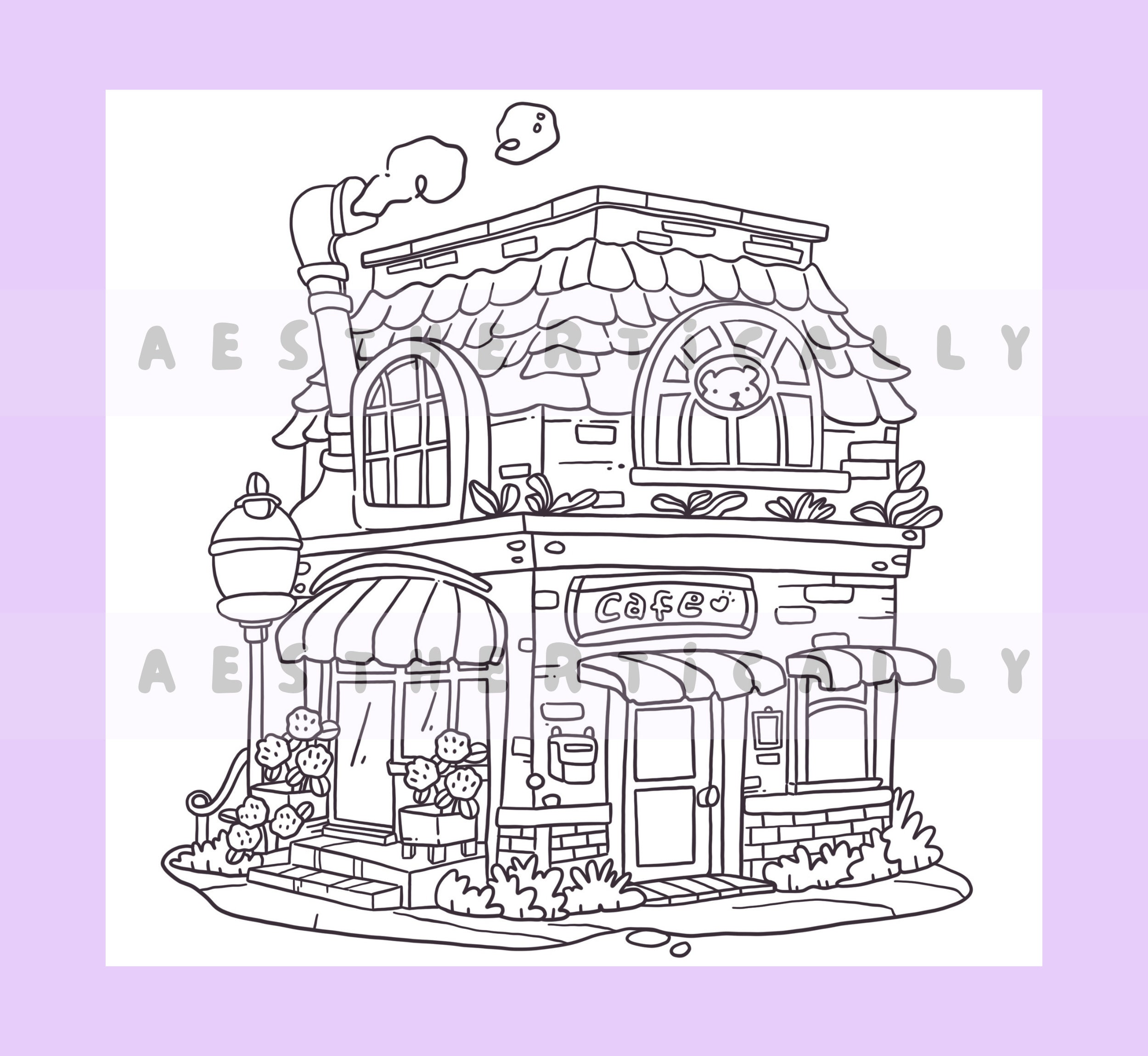 Set of 3 Print Cafe in Seoul Little Pub in Seoul City Train -   Coloring  book art, House colouring pages, Detailed coloring pages