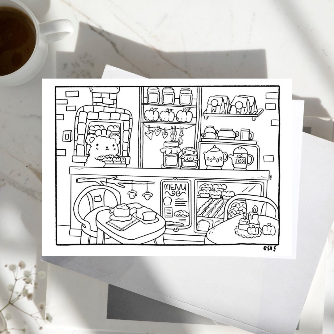 Adult Coloring Page : Cozy Bear Cafe 
