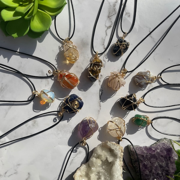 Wire-wrapped tumbled healing crystal necklaces