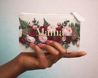 Mama floral wreath Mini Clutch Bag | roses, peonies, gold script