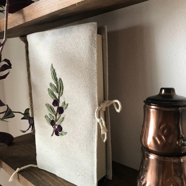 Olive Branch Book Case Bookcover Linen  Embroidery Cloth Recycleable Cotton for Woman Beige