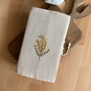 Mimosa Book Case Book cover Linen  Embroidery Cloth Recycleable Cotton for Woman Beige Book Cover