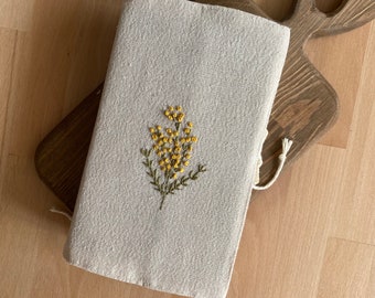 Mimosa Book Case Book cover Linen  Embroidery Cloth Recycleable Cotton for Woman Beige Book Cover