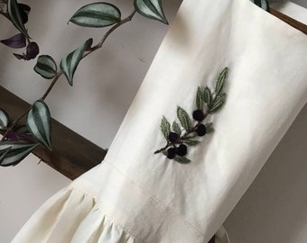 Apron Linen Embroidery Recycleable Olive Branch Cotton for Woman Beige