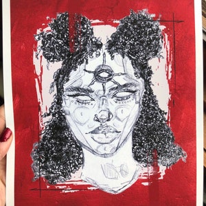 May include: A black and white pen and ink drawing of a person with a third eye on a red background. The person has a large afro and is wearing a necklace. The drawing is signed "Tian 2021".