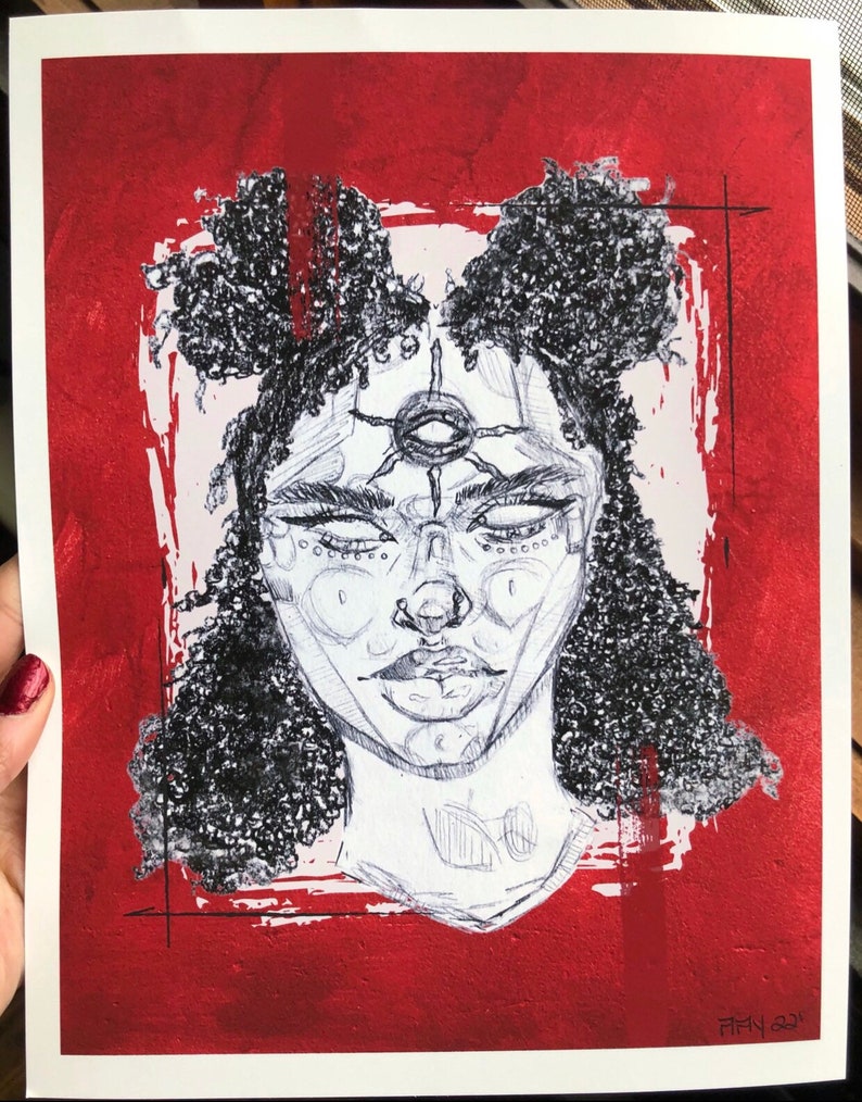 May include: A black and white pen and ink drawing of a person with a third eye on a red background. The person has a large afro and is wearing a necklace. The drawing is signed "Tian 2021".