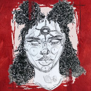 May include: A black and white pencil drawing of a person with a third eye on their forehead. The person has curly hair and is wearing a necklace. The drawing is on a red background.