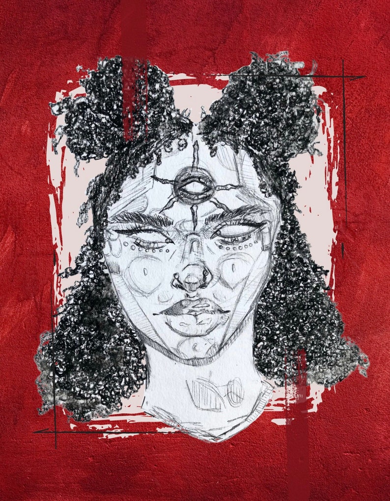 May include: A black and white pencil drawing of a person with a third eye on their forehead. The person has curly hair and is wearing a necklace. The drawing is on a red background.