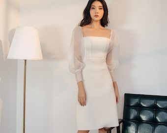 White Square Neck Midi Dress with Sheer Puff Sleeves | Elegant Engagement or Wedding Guest Outfit | Minimalist Formal Gown