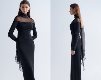 Cocktail Dress Elegant, High Neck Sheer Dress, Formal Chiffon Women’s Cape Dress, Evening Gown, Daniela Dress, Kashy Katy, KK010