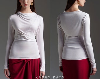 Twist Front Jersey Top, Long Sleeve Draped Cocktail Top