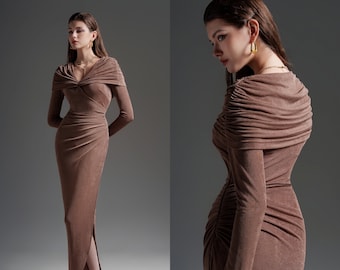 V-Neck Cape Shoulder Dress, Fitted High Split Maxi Dress, Long Sleeve Cocktail Dress, Valentina Dress, Kashy Katy, KK005